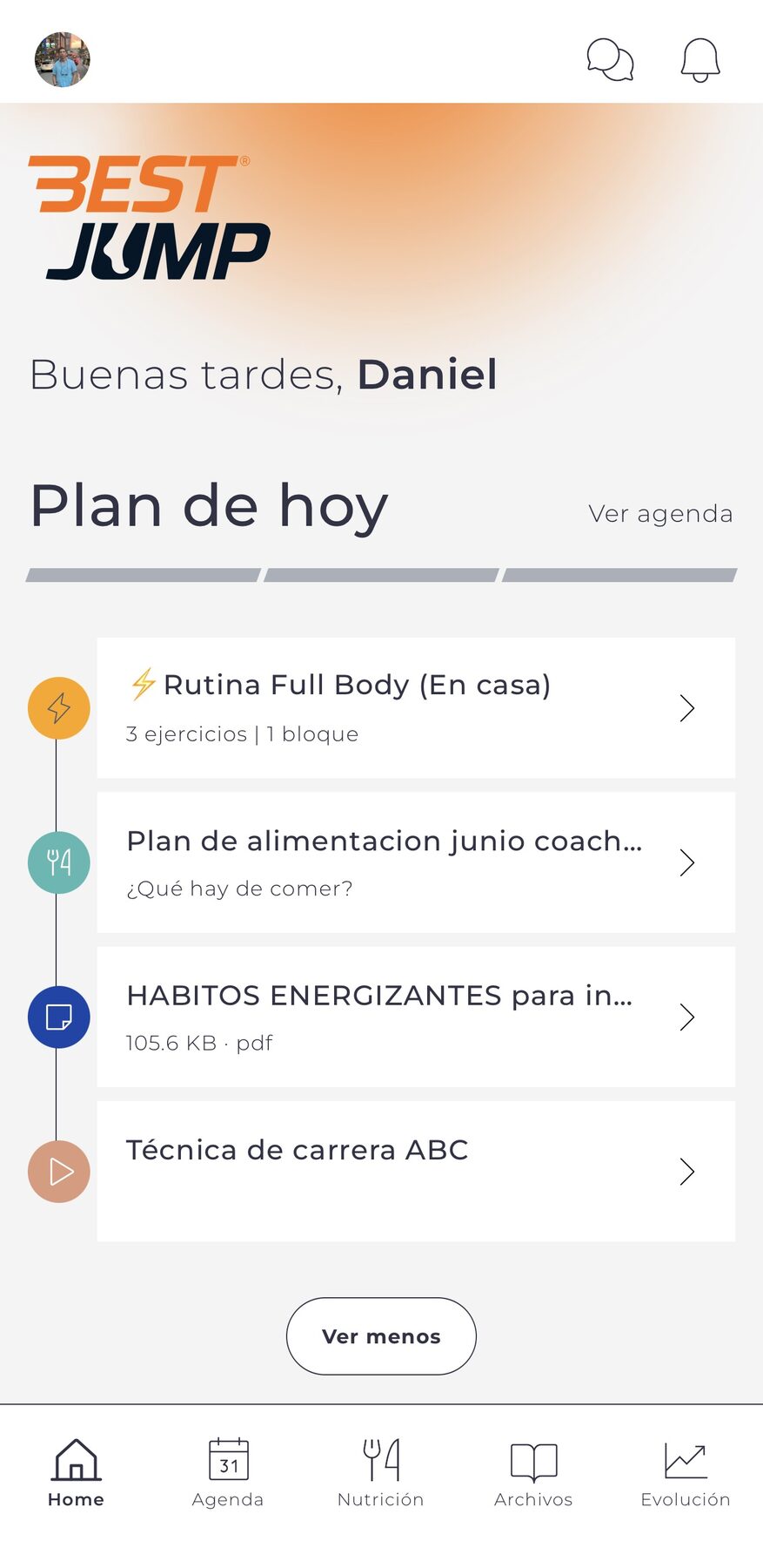 Pantalla principal de la app Best Jump con el plan del día